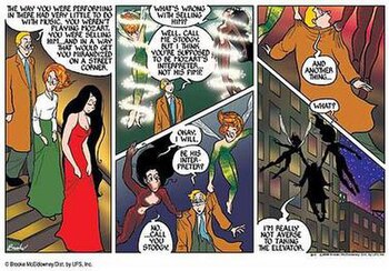 Geoff, Pibgorn, and Drusilla exit a nightclub in the beginning of the story, "Mozart and The Demon Lover." Pibgorn (comic).JPG