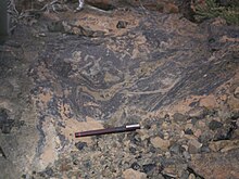 Rheomorphic flow structures in a welded ignimbrite, Isle of Lipari, Italy Rheo flow.JPG