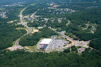 Aerial view of Slingerlands Bypass (to the left) and New Scotland Road (to the right). Slingerlands bypass.JPG