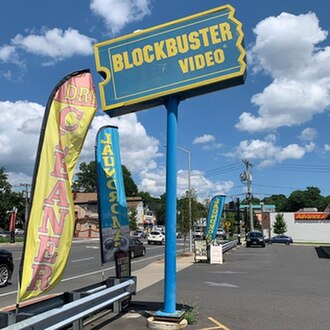 A Blockbuster sign in Stamford, Connecticut, which stood until March 2023, when it was removed and listed for sale online