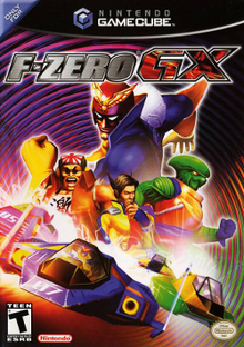 Quattro personaggi posano su uno sfondo colorato.  "F-Zero GX" appare in lettere maiuscole stilizzate sopra di loro e si vedono guidare i rispettivi veicoli sotto di loro.