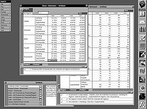 Lotus Improv běží na NeXTSTEP zobrazující rozhraní Improv na vícerozměrná data