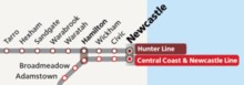 The Newcastle railway line as it appeared on NSW TrainLink Intercity maps in 2013-14, shortly before its partial closure. Newcastle line, NSW TrainLink intercity map, 2013.png