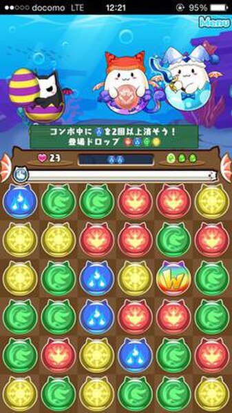 Gameplay in Puzzle & Dragons W. In this level, the player must make at least two water orb combos in order to perform damage on the enemy DeviTAMA cha