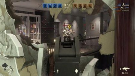 An alpha gameplay screenshot of the game, showcasing the Hostage Mode. Players can destroy structures like walls to spot targets.