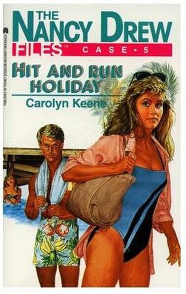 The Nancy Drew Files showcased a more mature character version and romance elements, as seen on the cover of Hit and Run Holiday (1986). Here, Nancy i