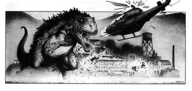 Storyboard by William Stout for Steve Miner's unproduced 3D Godzilla film. Stout chose to reinvent his Godzilla design as an amalgam between a Tyranno