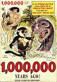 Tor makes his first appearance as he rushes to aid his monkey Chee-Chee from the attack of a Brontosaurus-like carnivorous Dinosaur. From 1,000,000 Years Ago! #1 (1953) published by St. John Comics. Cover art by Joe Kubert. Tor1st.jpg