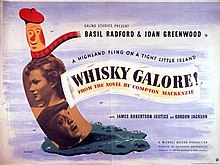 Ansiktene til Basil Radford og Joan Greenwood vises i en tegneserie whiskyflaske;  Toppen av flasken bærer et Tam o 'shanter og tartan skjerf