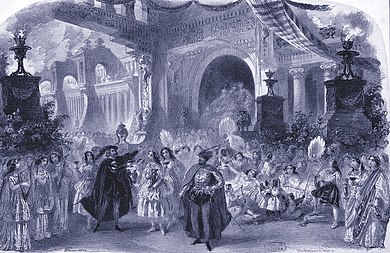 Engraving showing an elaborate stage scene with large crowd and grandiose buildings behind