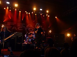 Fear Factory live in Adelaide on the Australian Big Day Out 2010. Band members (from left-to-right) include Byron Stroud, Gene Hoglan, Burton C. Bell, and Dino Cazares.