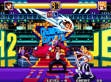 Gameplay screenshot showcasing a match between Ryoko Izumo and Janne D'Arc. NEOGEO World Heroes 2 Jet.png