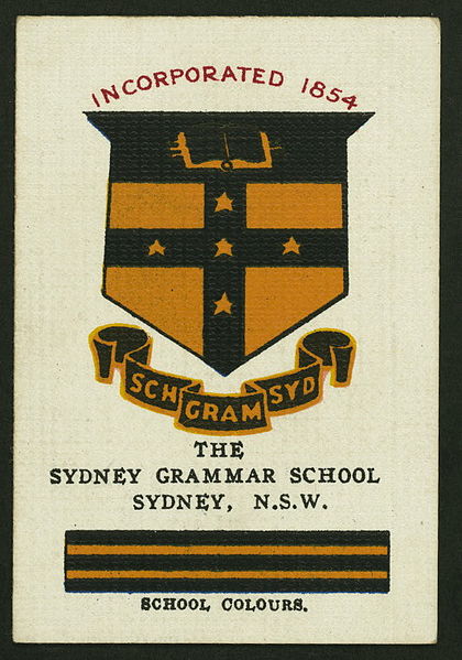 Collectible Cigarette card featuring the Grammar colours and crest, c. 1910s