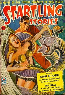 June 1943 issue of Startling Stories; cover by Earle K. Bergey, showing his trademark "brass bra" Startling Stories June 1943 cover by Earle K Bergey.jpg