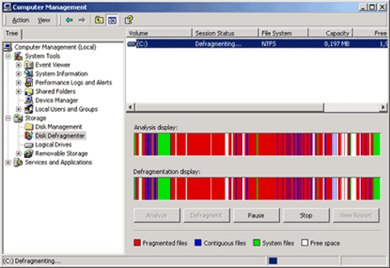 Windows 2000's Computer Management console can perform many system tasks. This image shows a disk defragmentation in progress.