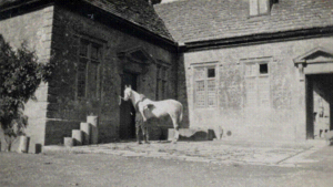 The stables built in 1720, situated in the north west corner of the forecourt, the doors have massive palladian pediments, while the windows have typical Somerset style provincial lintels. Brympton stables 1928.PNG