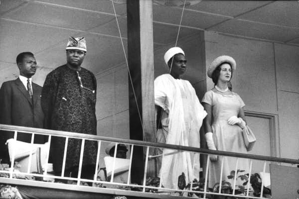 Wachuku [left: capped] as First indigenous Speaker of the Nigerian House of Representatives [during Nigeria's Independence Ceremonies on 1 October 196