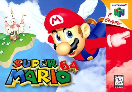 Artwork of the horizontal rectangular box. Mario flies with his wing Cap power-up in front of a blue backdrop with clouds, a Goomba, and Princess Peach's Castle in the distance. The bottom constituent reads "Super Mario 64" in red, blue, yellow, and green block letters.