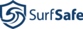 Слова «SurfSafe» выделены синим шрифтом без засечек, слово «Safe» выделено жирным шрифтом. Слева — щит в форме океанских волн.