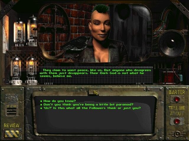 Dialogue with a non-player character with a talking head, in which the player is offered quests to complete.