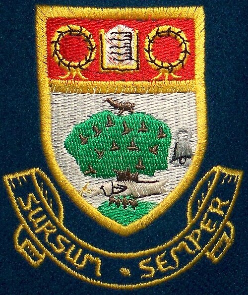 Embroidery of the school badge, showing the items from the Glasgow Story and the school's motto