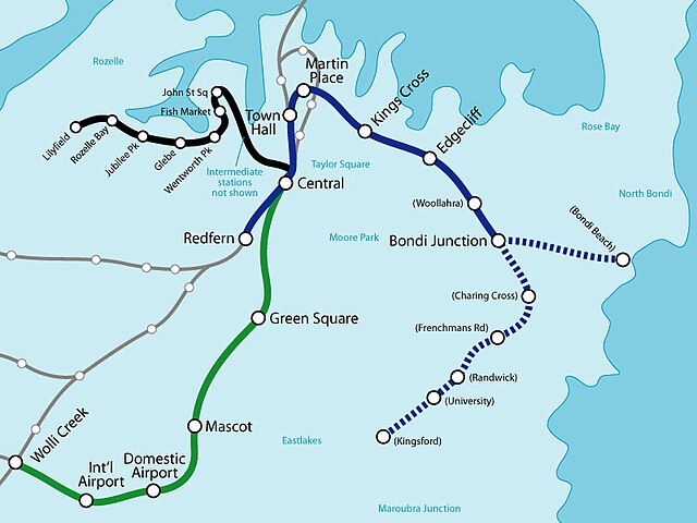 The Eastern Suburbs line is shown in blue. Proposed extensions are shown as dotted lines. Unbuilt or uncompleted stations are shown in brackets.