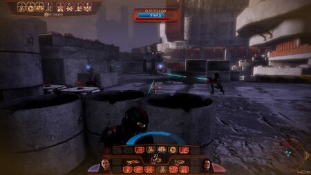 In combat, the player can pause the action to calmly target enemies and select different powers for the squad members. The enemy's life bars are shown