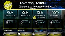 Road Challenges provide new ways for Rock Band 3 players to interact with their library, providing numerous tour options and performance challenges. These provide "spades" in addition to stars for good performances, and individual performances are tracked during a song to provide additional feedback to players. Along the bottom are individual menus that are part of the game's new "overshell" that allow a player to change settings without affecting the other players. Rockband-band-challenges.jpg