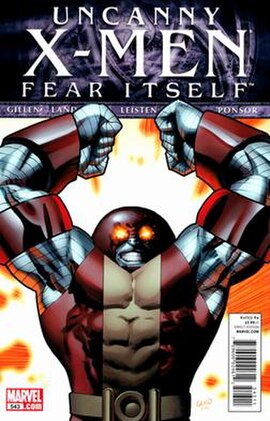 Colossus as the newly appointed Juggernaut on the cover of The Uncanny X-Men #543 (September 2011). Art by Greg Land.