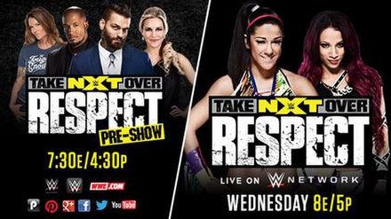 Promotional poster featuring Sasha Banks, Bayley and various WWE ring announcers