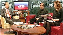 Marr reviewing the papers with Armando Iannucci and Janine di Giovanni in December 2009 Andrew marr show presentation.jpg