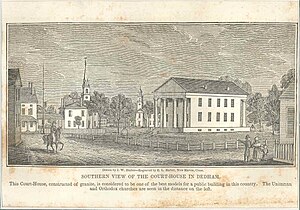 The south face of the courthouse in Dedham Square, as it appeared in 1839. Dedham square 1839.JPG