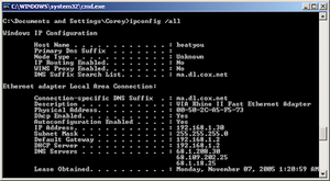 Windows XP-da ipconfig / barcha chiqishi skrinshoti