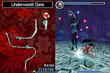 Gameplay in Ninja Gaiden: Dragon Sword, showing Momiji (Rin) in a boss fight against Ishtaros Ninja Gaiden Dragon Sword gameplay.jpg