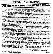 Notice to the poor on cholera, 1848. From the minutes of the West Ham Board of Guardians. States amongst others: "The Guardians are prepared to issue "CERTIFICATES" to the Poor generally, entitling them to Medical Relief gratuitously, should "CHOLERA" break out, or its symptoms prevail in the Neighbourhood." Note to the Poor on Cholera 1848 West Ham.jpg