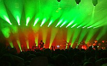 Peredur ap Gwynedd (farthest left) performing with Pendulum at Llandudno in 2008.