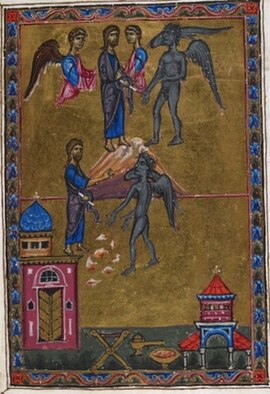 Temptations of Christ (Melisende Psalter, 1131-43, folio f.4r)