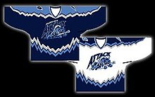 Jerseys of the Albany Attack franchise (1999-2003) of the National Lacrosse League. The dark jersey was traditionally the road jersey; the light jersey was traditionally the home jersey. The jerseys were manufactured by ProJoy. AlbanyLrg.jpg