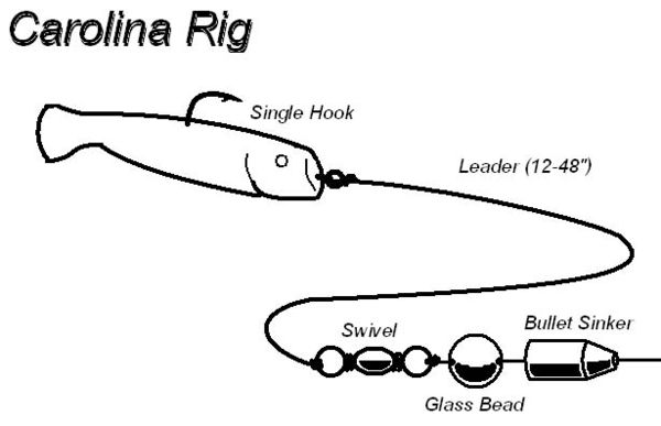 A completed assembly of tackle ready for fishing is sometimes called a rig, such as this Carolina rig.