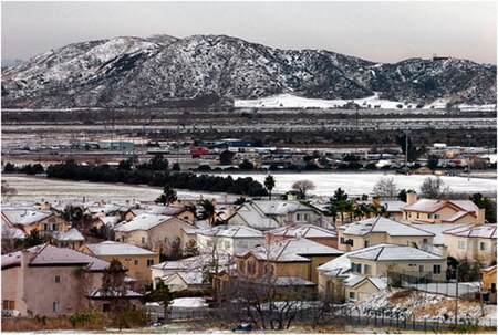 Occasional January snowfall in the eastern San Bernardino Valley, Shandin Hills are visible in the background.