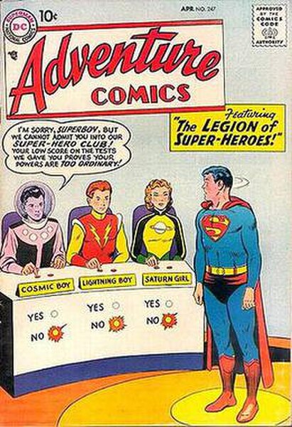 The cover of Adventure Comics #247 (April 1958), the Legion's first appearance. Art by Curt Swan and Stan Kaye