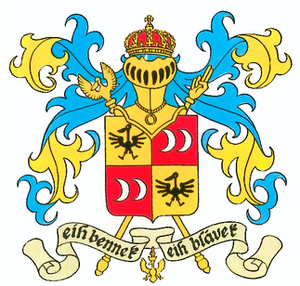 The coat-of-arms of Syldavia features a motto in Syldavian, which is based on Marols. It reads Eih bennek, eih blavek, in English: ("Here I am, here I stay"). Coat of Arms of Syldavia.png