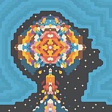 Pixel art portrait of a human looking upwards as a multitude of colours fills their head