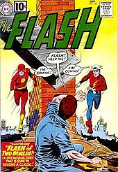 First appearance of Earth-Two in The Flash #123 (September 1961). Art by Carmine Infantino and Murphy Anderson. Flash v1 123.jpg