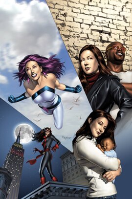 Artwork from The Pulse #14 (May 2006). Pictured clockwise from top left: Jones as Jewel; with husband Luke Cage; with daughter Danielle; as Knightress