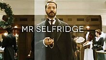 Series titles over an image of Selfridge in his store