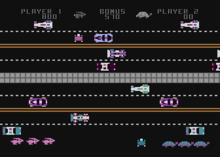 The highway screen with the rolling sidewalk shown in gray. Pacific Coast Highway Atari 8-bit screenshot.png