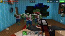 A gameplay screenshot of Pixel Gun 3D. The player is fighting a horde of zombies with a shotgun.