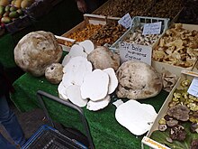Puffball mushrooms on sale at a market in England, showing slices uniform and white all the way through Puffball Mushrooms On Sale.jpg