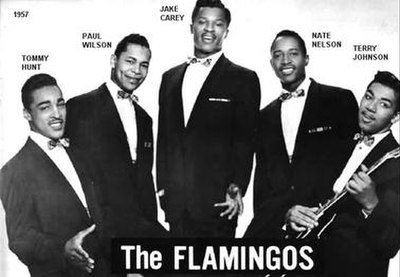 The Flamingos in 1957. From left to right: Tommy Hunt, Paul Wilson, Jake Carey, Nate Nelson, Terry Johnson